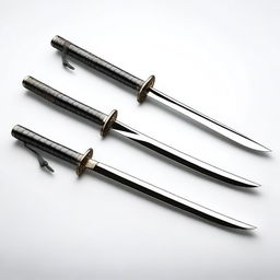 Two katanas with shining edges crossing each other on a white background