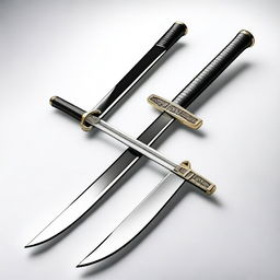 Two katanas with shining edges crossing each other on a white background