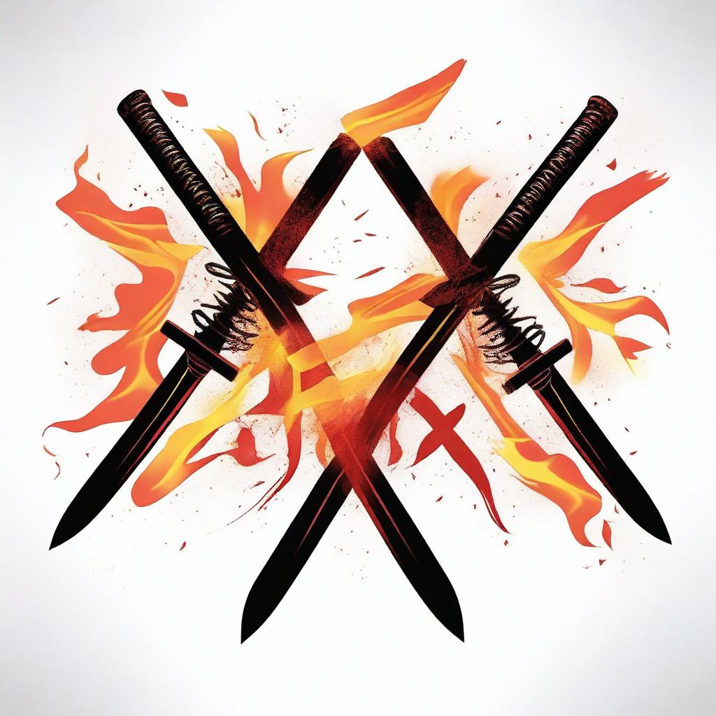 Two katanas with burning blades crossing each other on a white background