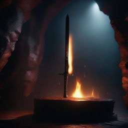 A katana floating over a pedestal in a dark cave