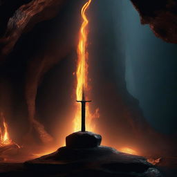 A katana floating over a pedestal in a dark cave