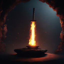 A katana floating over a pedestal in a dark cave