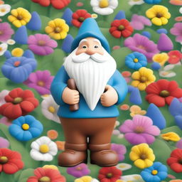 A whimsical garden gnome standing cheerfully among vibrant flowers and lush greenery