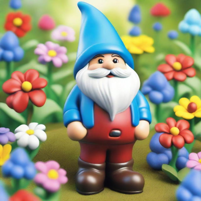 A whimsical garden gnome standing cheerfully among vibrant flowers and lush greenery