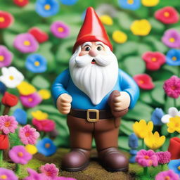 A whimsical garden gnome standing cheerfully among vibrant flowers and lush greenery