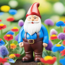 A whimsical garden gnome standing cheerfully among vibrant flowers and lush greenery