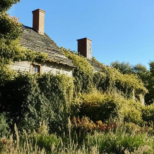 A charming rustic house nestled in serene woodland, with ivy crawling up its stone walls and smoke curling up from its brick chimney. In the garden, wild flowers sway in a gentle breeze under a clear blue sky.