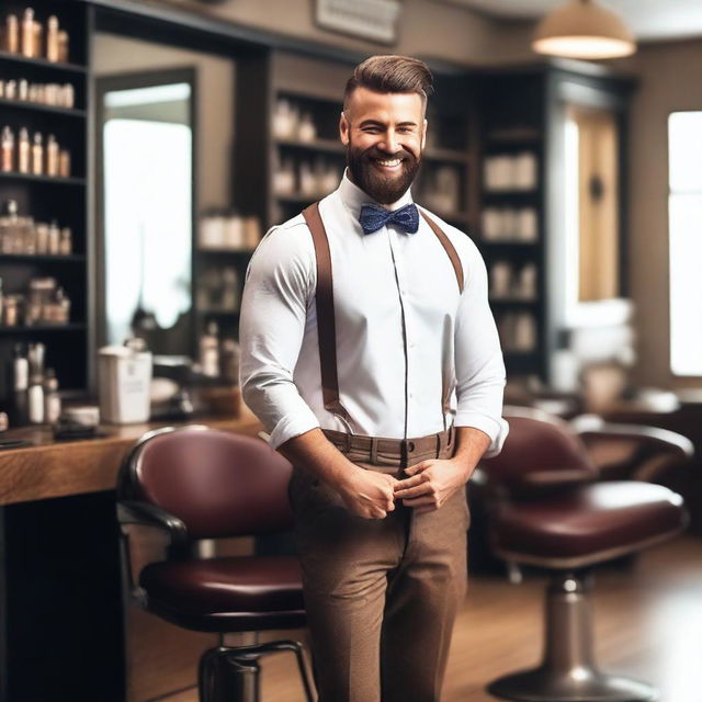 Create an image of a handsome barber man standing beside his barber shop chair, smiling in a sexy way