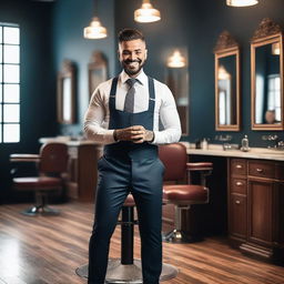 Create an image of a handsome barber man standing beside his barber shop chair, smiling in a sexy way