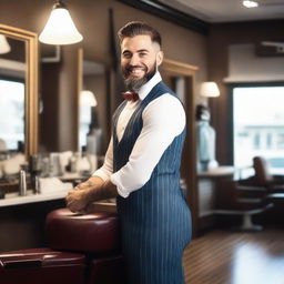 Create an image of a handsome barber man standing beside his barber shop chair, smiling in a sexy way