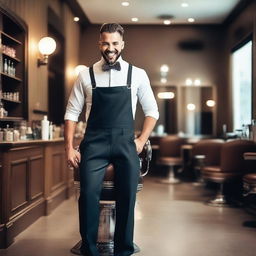 Create an image of a handsome barber man standing beside his barber shop chair, smiling in a sexy way