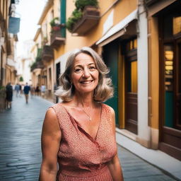 A mature woman wearing a summer dress, walking in a small alley in front of an Italian bar, taking a selfie