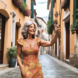 A mature woman wearing a summer dress, walking in a small alley in front of an Italian bar, taking a selfie