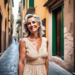 A mature woman wearing a summer dress, walking in a small alley in front of an Italian bar, taking a selfie