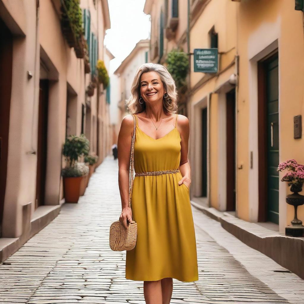 A mature woman wearing a revealing summer dress, walking in a small alley in front of an Italian bar, taking a selfie