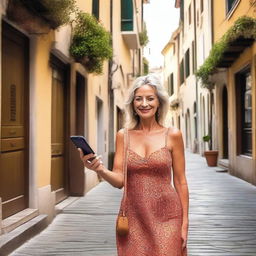 A mature woman wearing a revealing summer dress, walking in a small alley in front of an Italian bar, taking a selfie