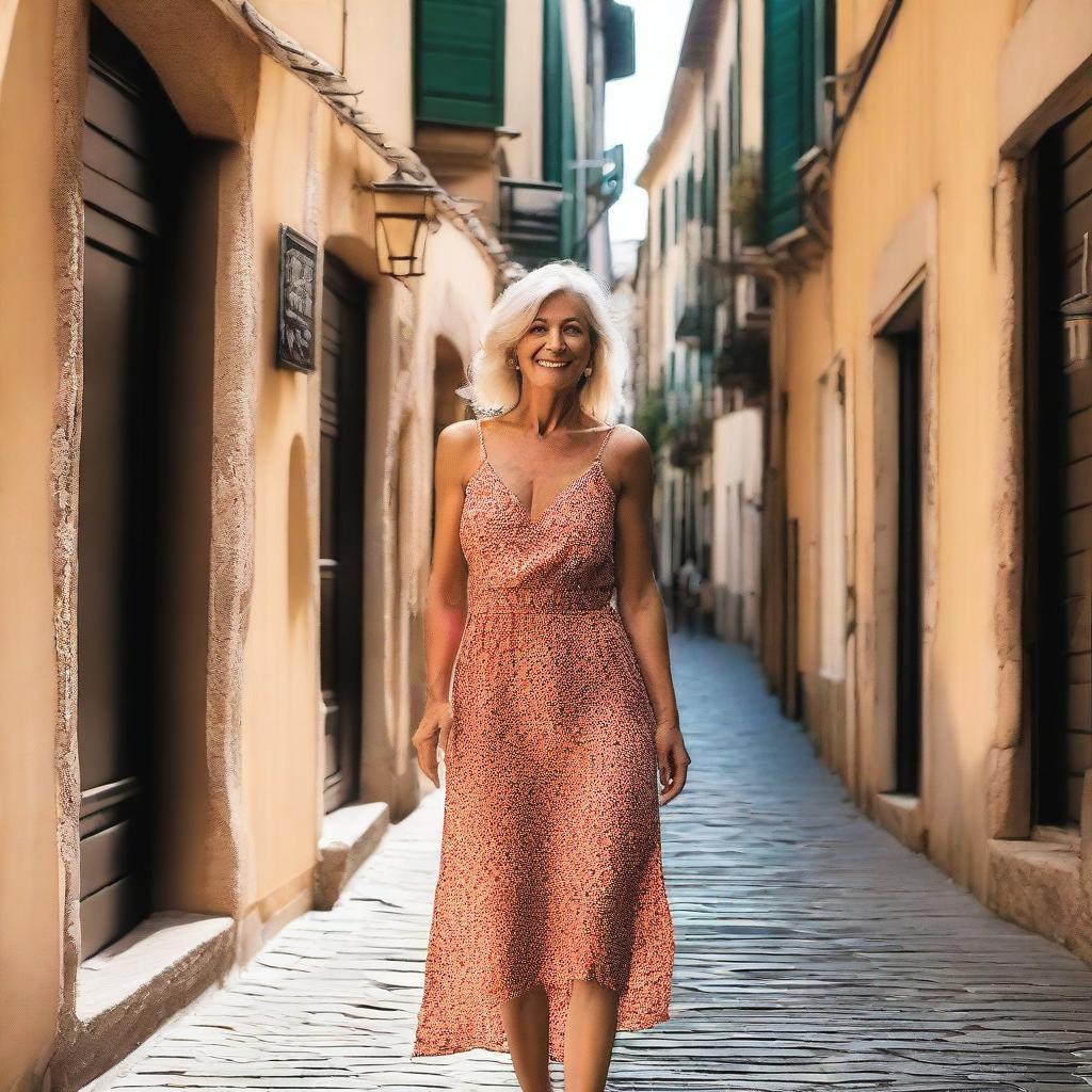 A mature woman wearing a revealing summer dress, walking in a small alley in front of an Italian bar, taking a selfie