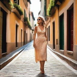 A mature woman wearing a revealing summer dress, walking in a small alley in front of an Italian bar, taking a selfie