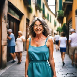 A mature woman wearing a revealing summer dress, walking in a small alley in front of an Italian bar, taking an amateur selfie