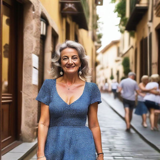 A mature woman wearing a revealing summer dress, walking in a small alley in front of an Italian bar, taking an amateur selfie