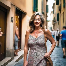 A mature woman wearing a revealing summer dress, walking in a small alley in front of an Italian bar, taking a poorly framed amateur selfie