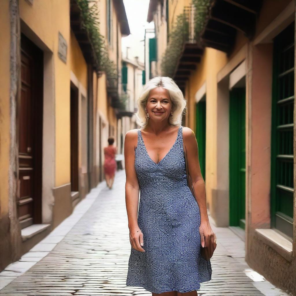 A mature woman wearing a revealing summer dress, walking in a small alley in front of an Italian bar, taking a poorly framed amateur selfie