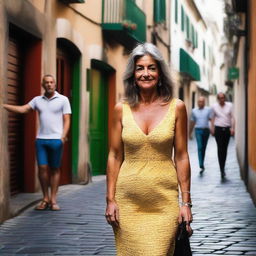 A mature woman wearing a revealing summer dress, walking in a small alley in front of an Italian bar, taking a poorly framed amateur selfie