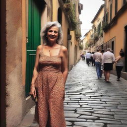 A mature woman wearing a revealing summer dress, walking in a small alley in front of an Italian bar, taking a poorly framed amateur selfie