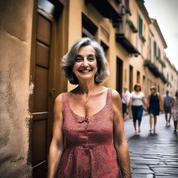 A mature woman wearing a revealing summer dress, walking in a small alley in front of an Italian bar, taking a poorly framed amateur selfie