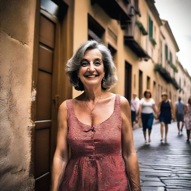 A mature woman wearing a revealing summer dress, walking in a small alley in front of an Italian bar, taking a poorly framed amateur selfie