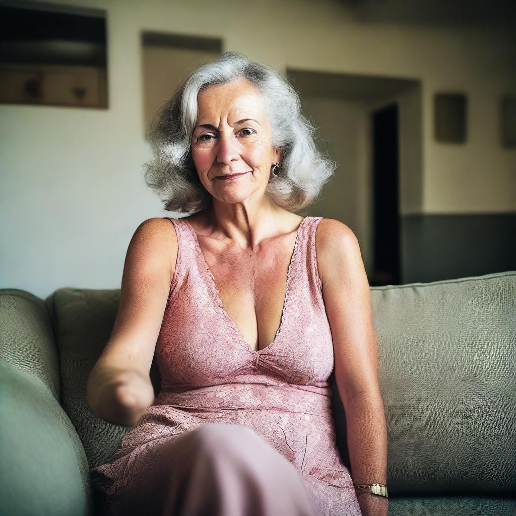 A mature woman wearing a revealing summer dress, sitting on a sofa, taking an amateur selfie