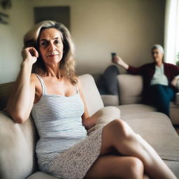 A mature woman wearing a revealing summer dress, sitting on a sofa, taking an amateur selfie