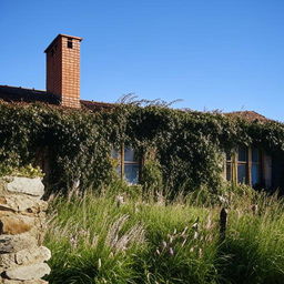 A charming rustic house nestled in serene woodland, with ivy crawling up its stone walls and smoke curling up from its brick chimney. In the garden, wild flowers sway in a gentle breeze under a clear blue sky.