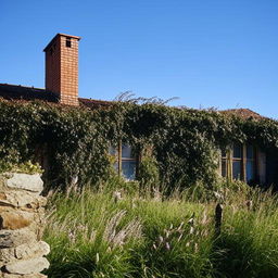 A charming rustic house nestled in serene woodland, with ivy crawling up its stone walls and smoke curling up from its brick chimney. In the garden, wild flowers sway in a gentle breeze under a clear blue sky.