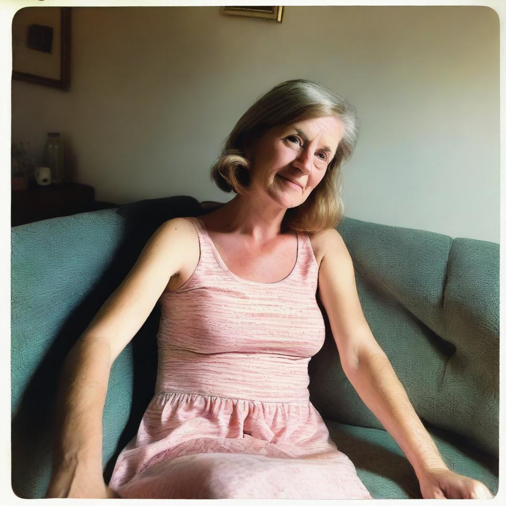 A 50-year-old woman wearing a revealing summer dress, sitting on a sofa, taking a poorly framed amateur selfie