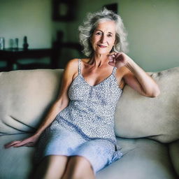 A 50-year-old woman wearing a revealing summer dress, sitting on a sofa, taking a poorly framed amateur selfie