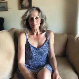 A 50-year-old woman wearing a revealing summer dress, sitting on a sofa, taking a poorly framed amateur selfie