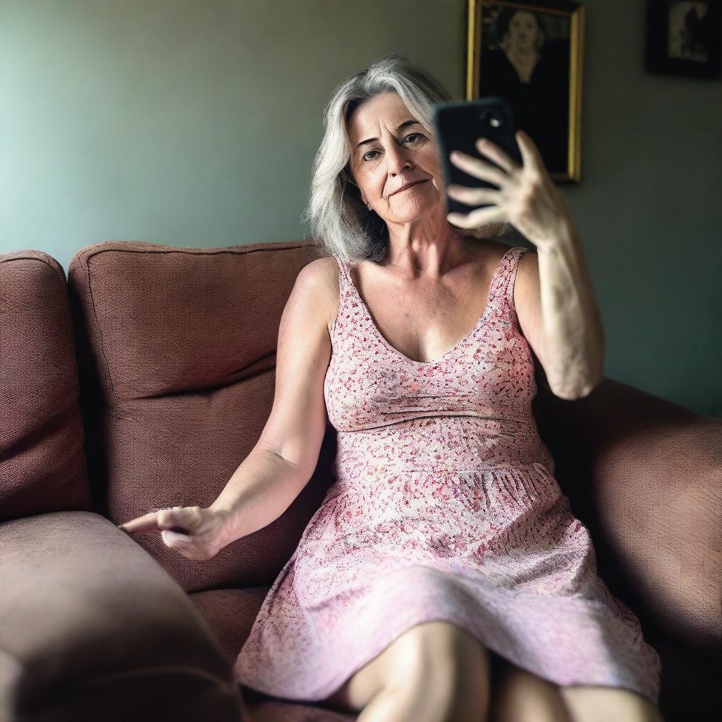 A 50-year-old woman wearing a revealing summer dress, sitting on a sofa, taking a poorly framed amateur selfie