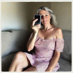 A 50-year-old woman wearing a revealing summer dress, sitting on a sofa, taking a poorly framed amateur selfie