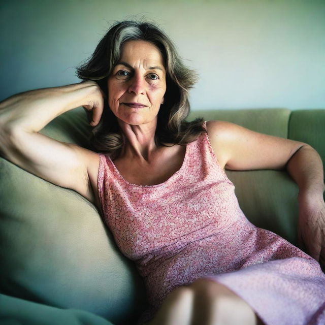 A 50-year-old woman wearing a revealing summer dress, sitting on a sofa, taking a poorly framed amateur selfie