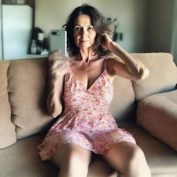 A 50-year-old woman wearing a revealing and sexy summer dress, sitting on a sofa, taking a poorly framed amateur selfie