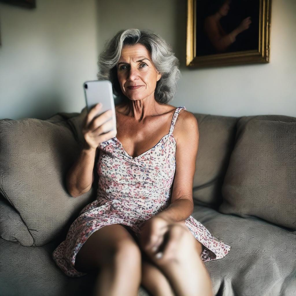 A 50-year-old woman wearing a revealing and sexy summer dress, sitting on a sofa, taking a poorly framed amateur selfie