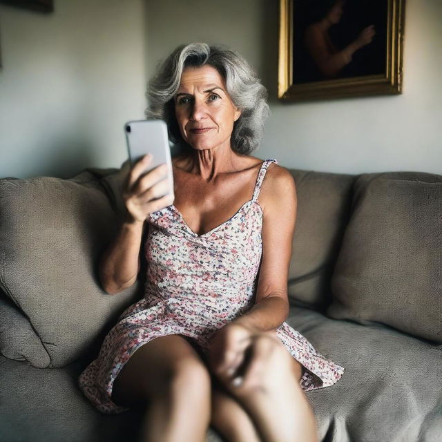 A 50-year-old woman wearing a revealing and sexy summer dress, sitting on a sofa, taking a poorly framed amateur selfie