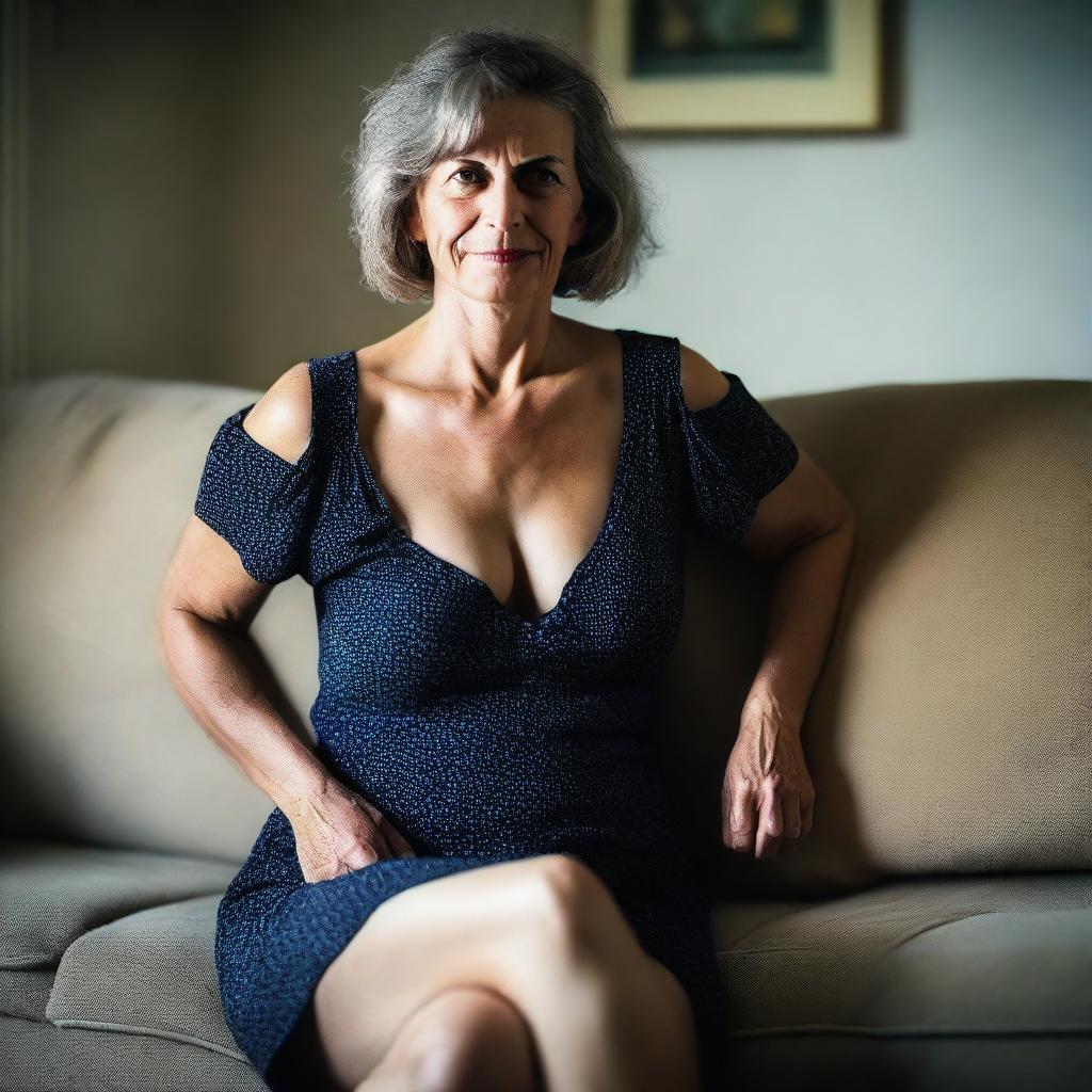 A 50-year-old woman wearing a revealing and sexy summer dress, sitting on a sofa