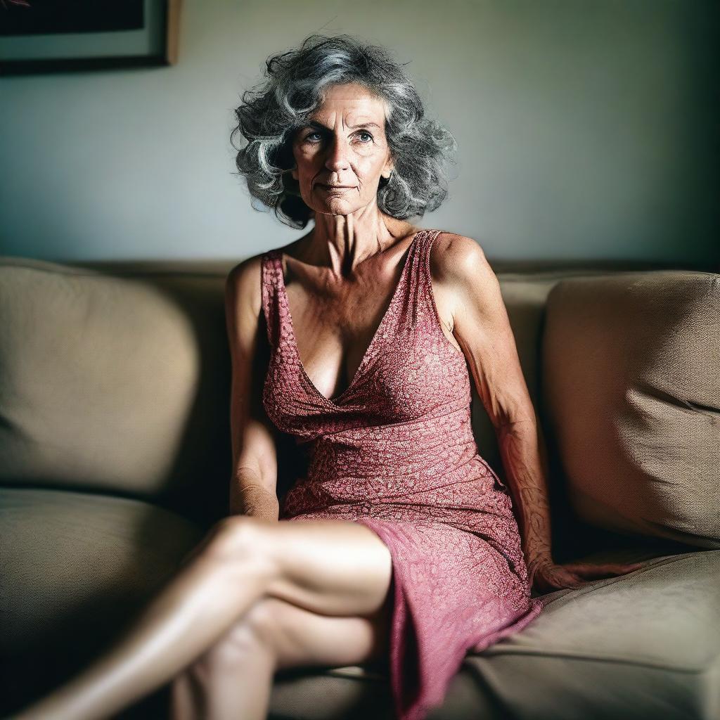 A 50-year-old woman wearing a revealing and sexy summer dress, sitting on a sofa