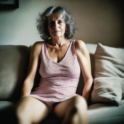 A 50-year-old woman wearing a revealing and sexy summer dress, sitting on a sofa