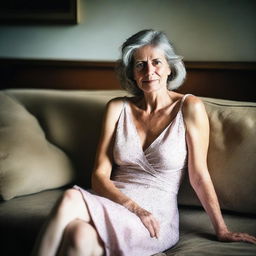 A 50-year-old woman wearing a revealing and sexy summer dress, sitting on a sofa