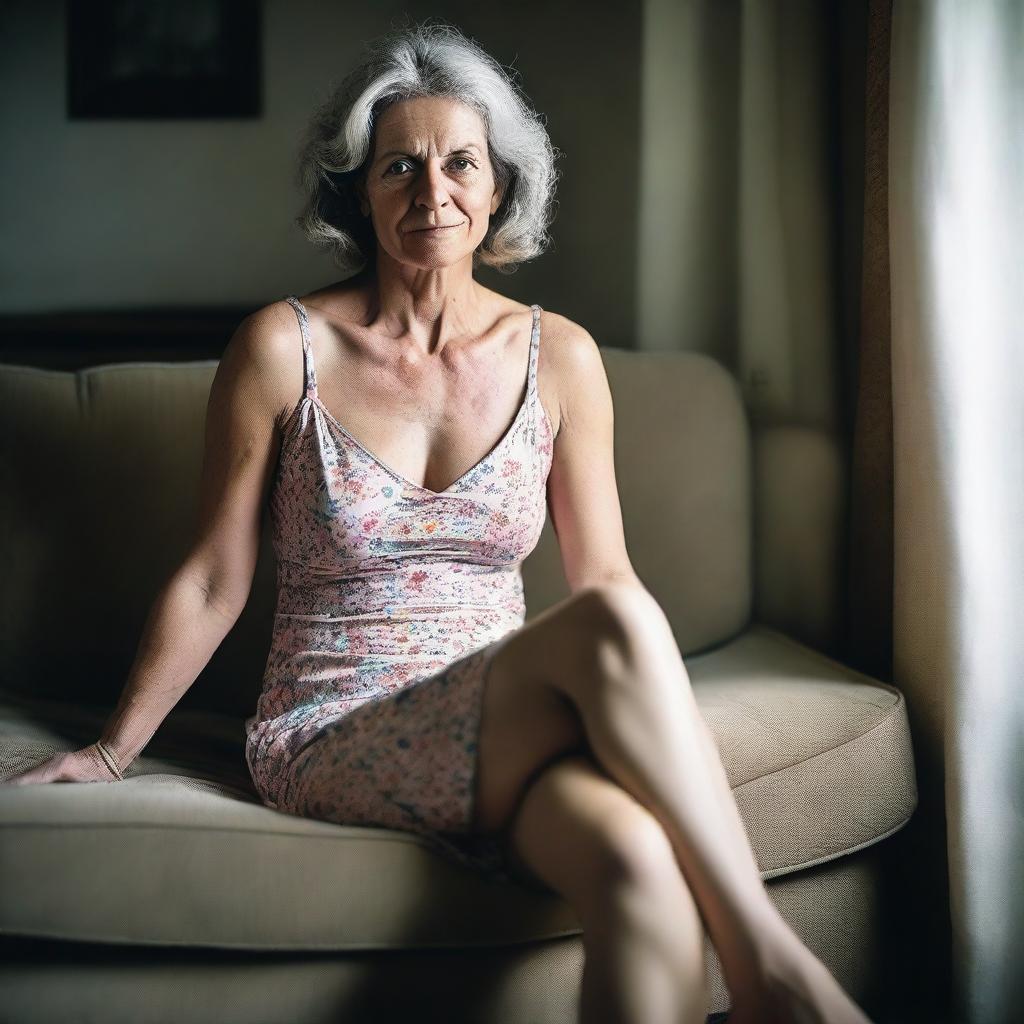 A 50-year-old woman wearing a revealing and sexy summer dress, sitting on a sofa