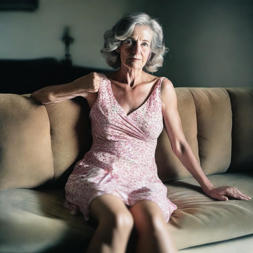 A 50-year-old woman wearing a revealing and sexy summer dress, sitting on a sofa