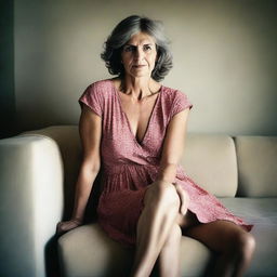 A 50-year-old woman wearing a revealing and sexy summer dress, sitting on a sofa